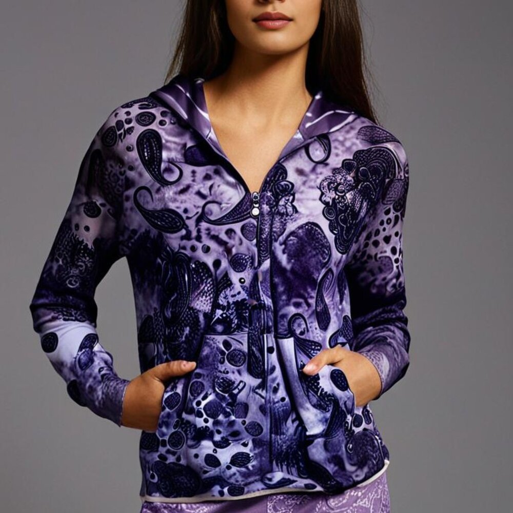 Oleg Cassini Hoodie Women's Size Large Purple / Blue Floral Zip Up 2 Pockets
